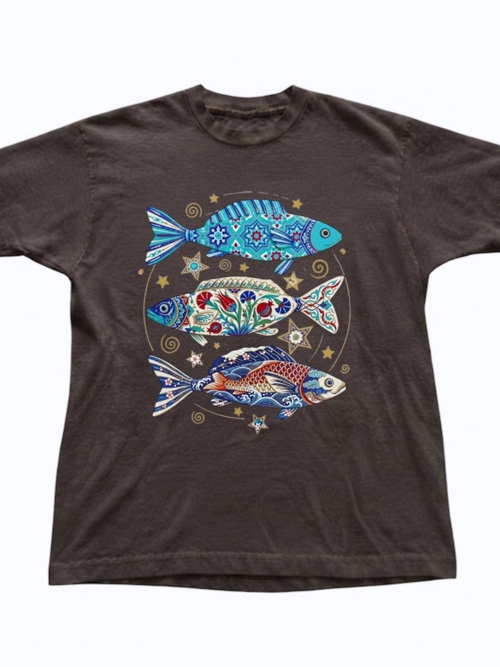 Starry Mystic Fish Pattern Graphic Dark Brown Gildan T-Shirt